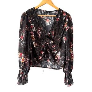 Nasty Gal Shirt Women 10 Black Floral Lace Up Sheer Cottage WhimsigothRomantic